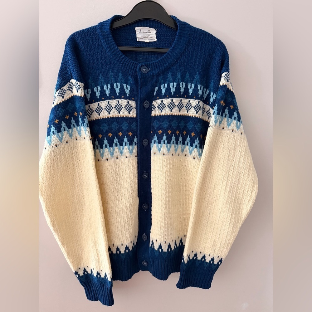 Vintage Scrambler Fair Isle Blue and Cream Cardigan Sweater